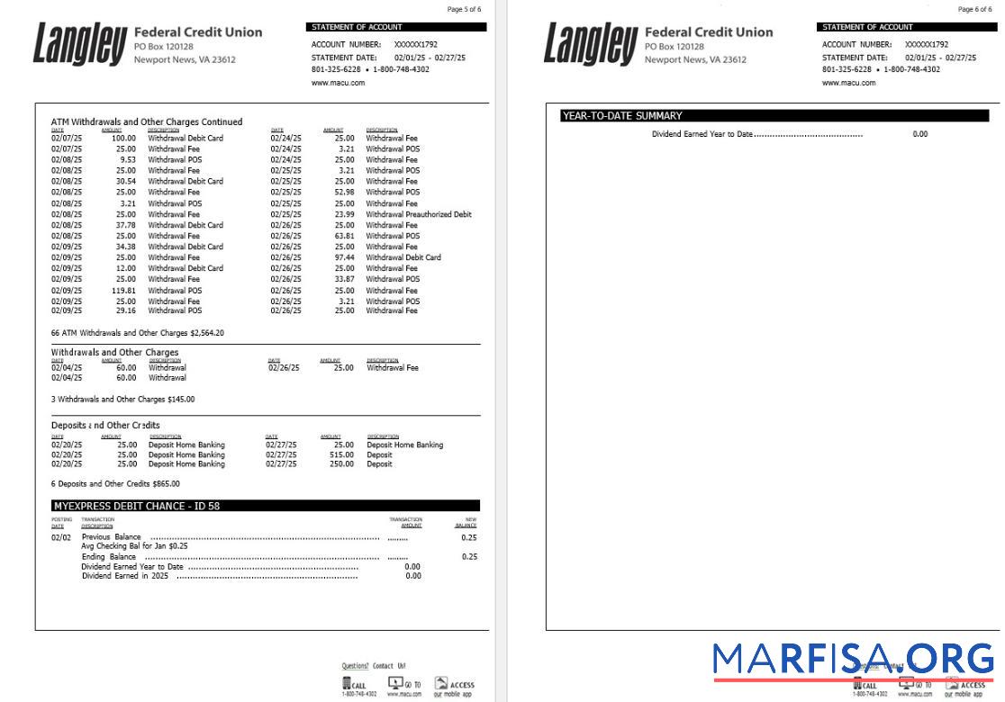 Downloadable USA Langley Federal Credit Union bank statement word 6 pages 3 download for verification